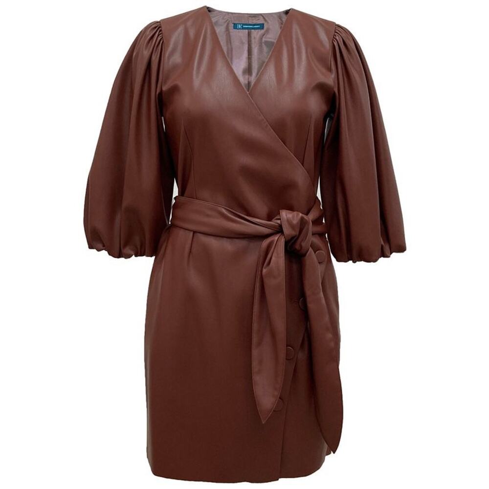 INC International Concepts Brown Faux Leather Puff Sleeve Wrap Dress Size 10